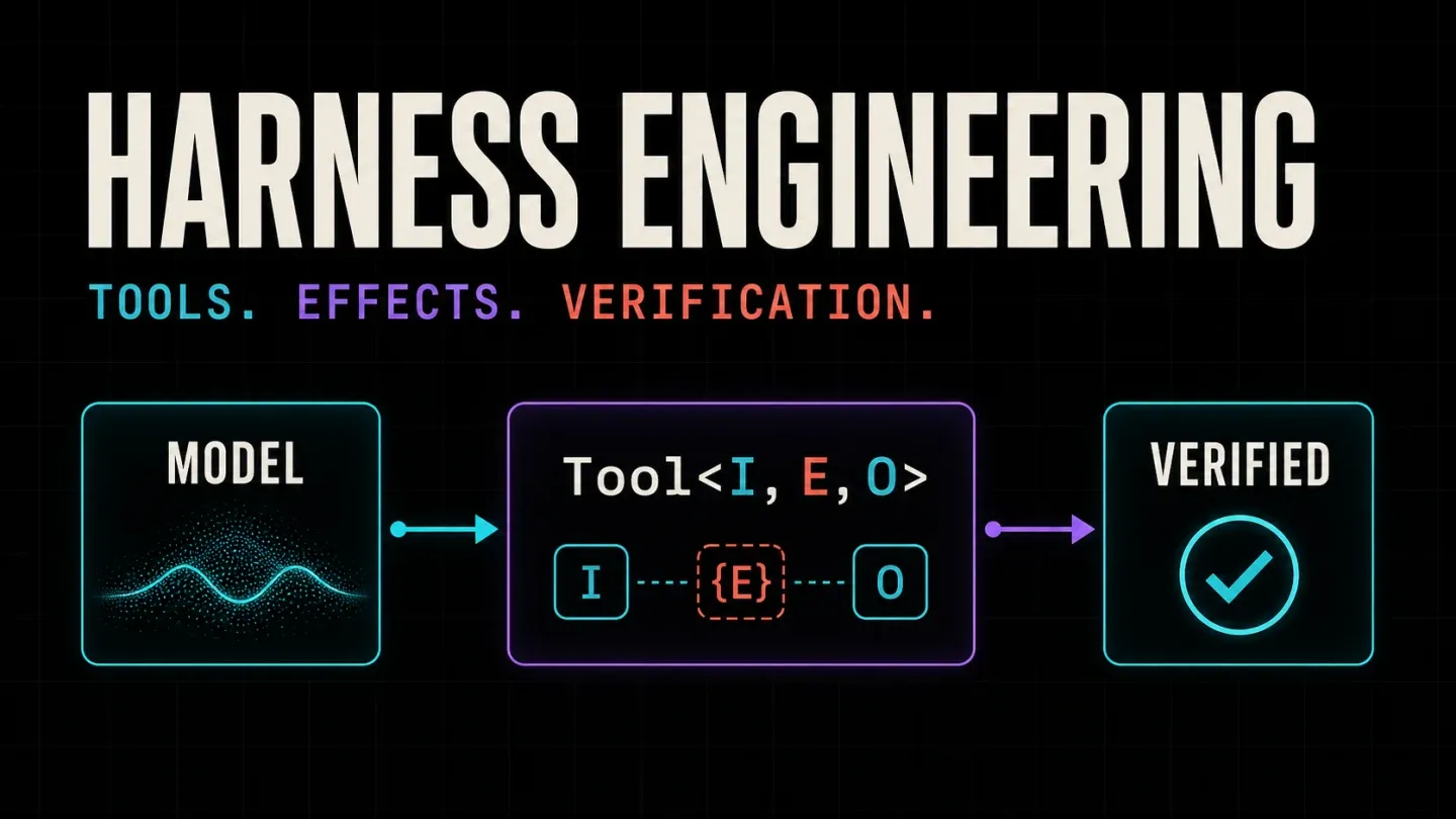 Harness engineering pipeline showing a model passing through typed functional tools and explicit effects to produce a verified result.