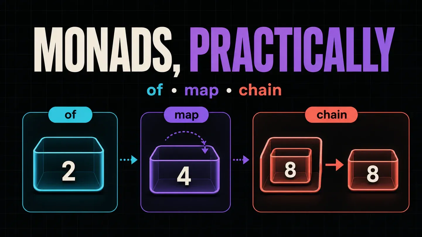 A practical monad diagram showing of wrapping a value, map transforming it, and chain flattening a nested container.
